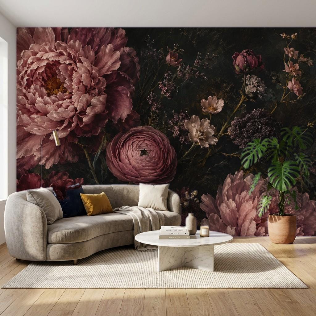 Dark floral peel and stick wallpaper with vintage botanical blooms in moody deep tones for a dramatic accent wall
