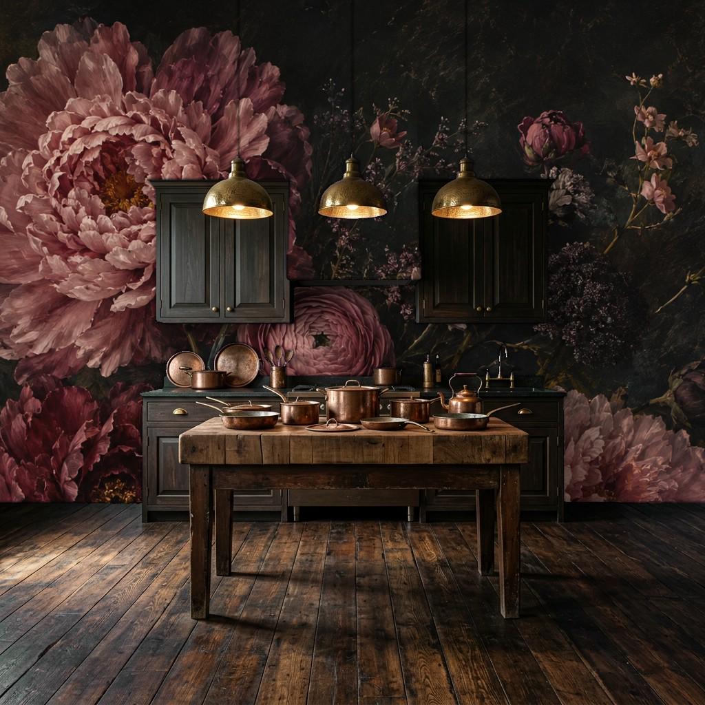 Close-up texture of botanical wallpaper showing rich dark floral print with detailed petals and layered leaves