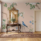 Botanical mural accent wall in a bedroom with linen bedding complementing the vintage floral design