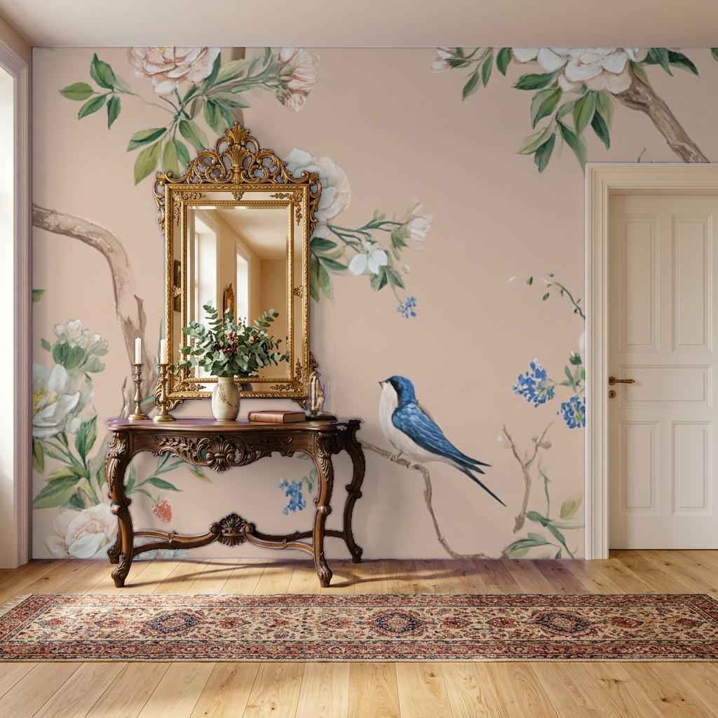 Botanical mural accent wall in a bedroom with linen bedding complementing the vintage floral design