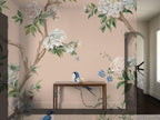 Size and scale chart for floral peel stick wallpaper showing panel width height and repeat measurements