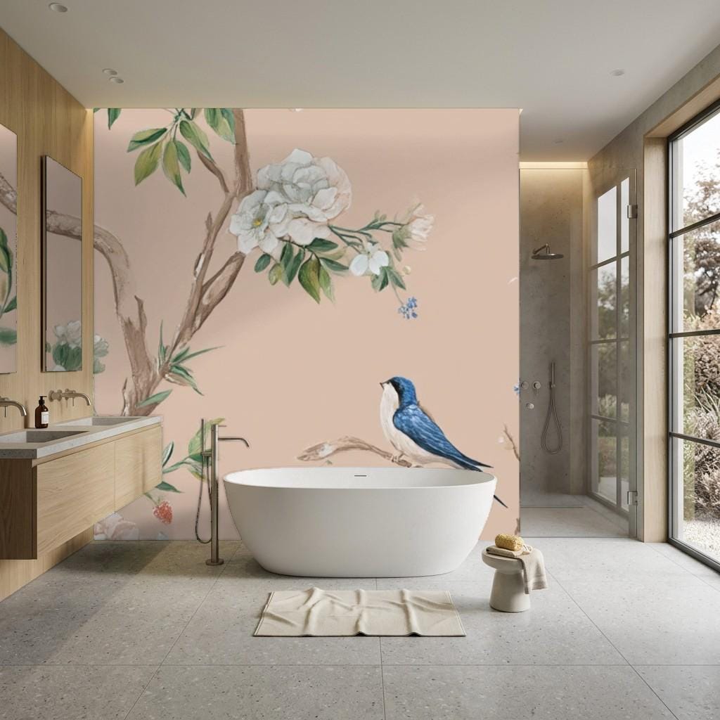 Full bedroom wall covered in vintage botanical mural creating a lush immersive renter friendly statement