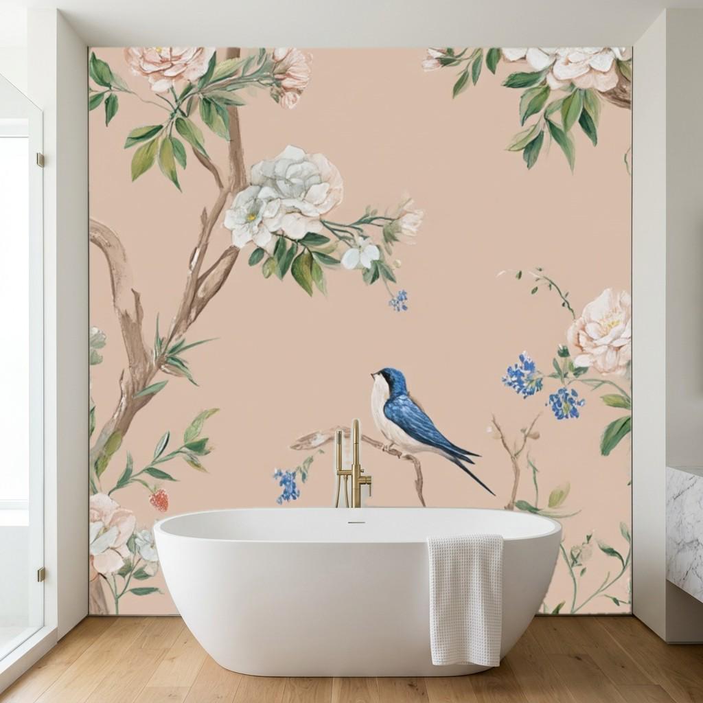 Close-up of vintage floral peel stick wallpaper showing hand-drawn botanical illustration print quality