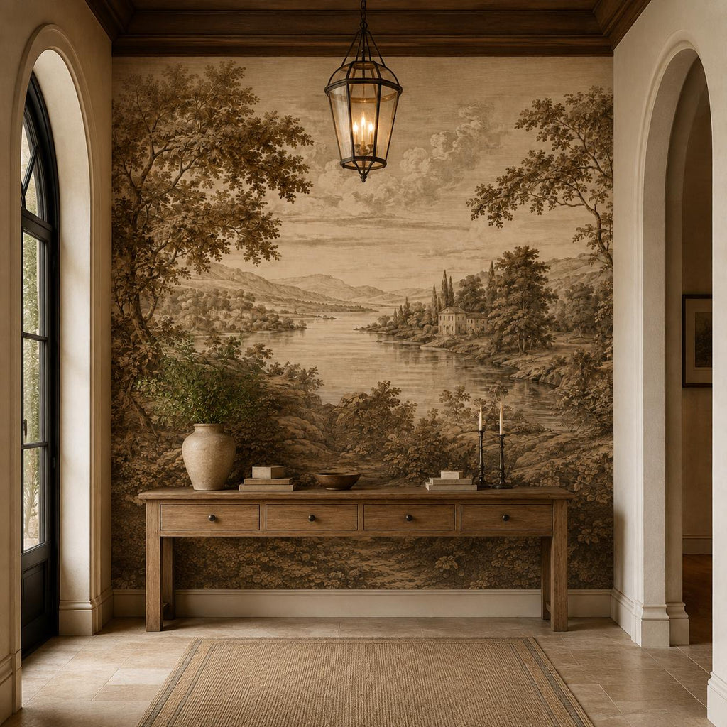 Sepia wallpaper mural close view showing pastoral lake and rolling hills in Victorian nature wall decor style