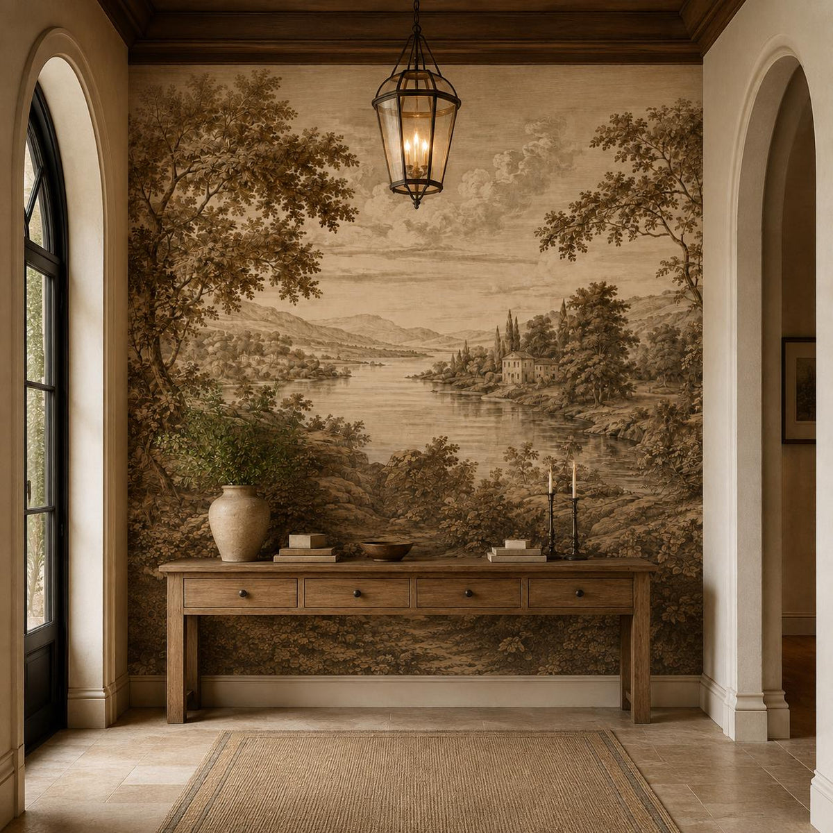 Sepia wallpaper mural close view showing pastoral lake and rolling hills in Victorian nature wall decor style