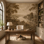 Antique European landscape mural with aged sepia tones depicting tranquil countryside water and tree reflections