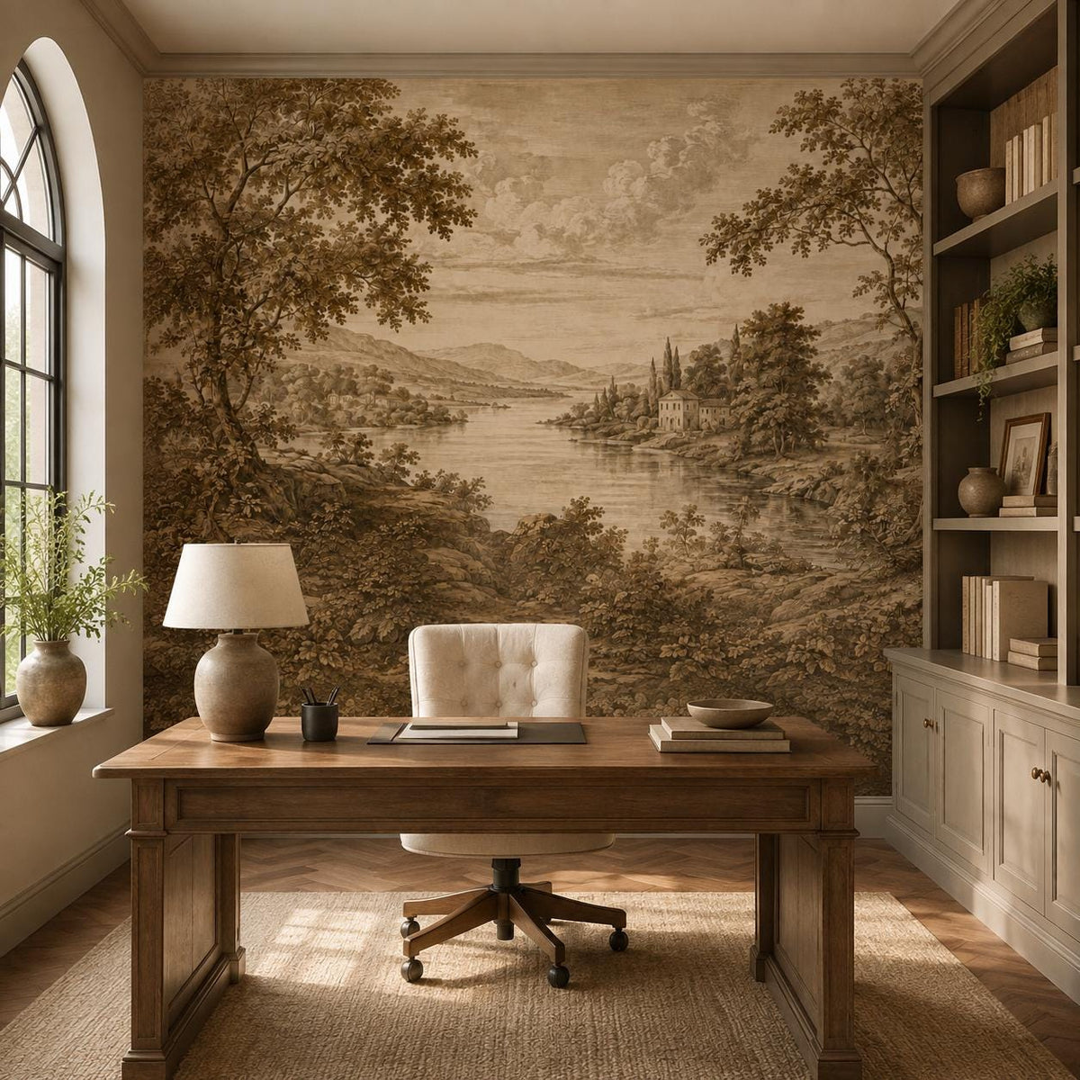 Antique European landscape mural with aged sepia tones depicting tranquil countryside water and tree reflections