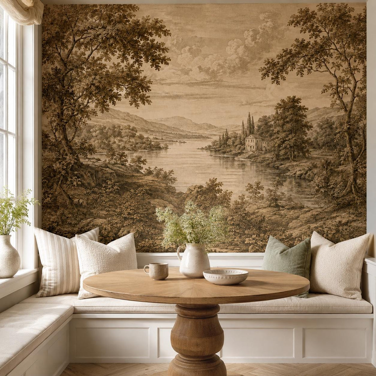 Lake wall mural with sepia countryside scenery styled in modern bedroom as vintage landscape focal point