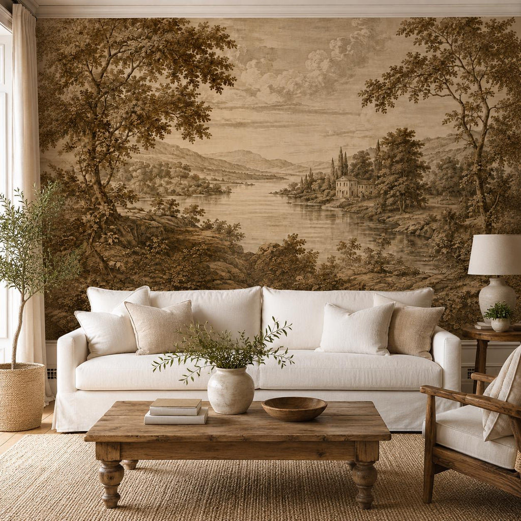 Close-up texture of vintage landscape wallpaper mural revealing fine pastoral details and aged sepia print quality