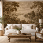 Close-up texture of vintage landscape wallpaper mural revealing fine pastoral details and aged sepia print quality