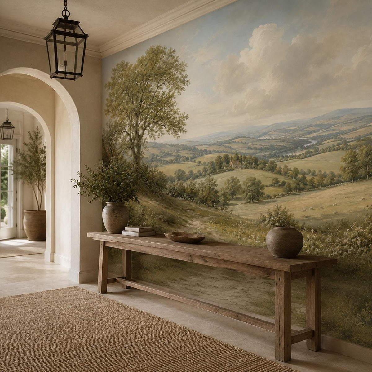 Pastoral wallpaper mural showcasing a scenic country landscape with wildflowers and a tranquil rural English countryside vista