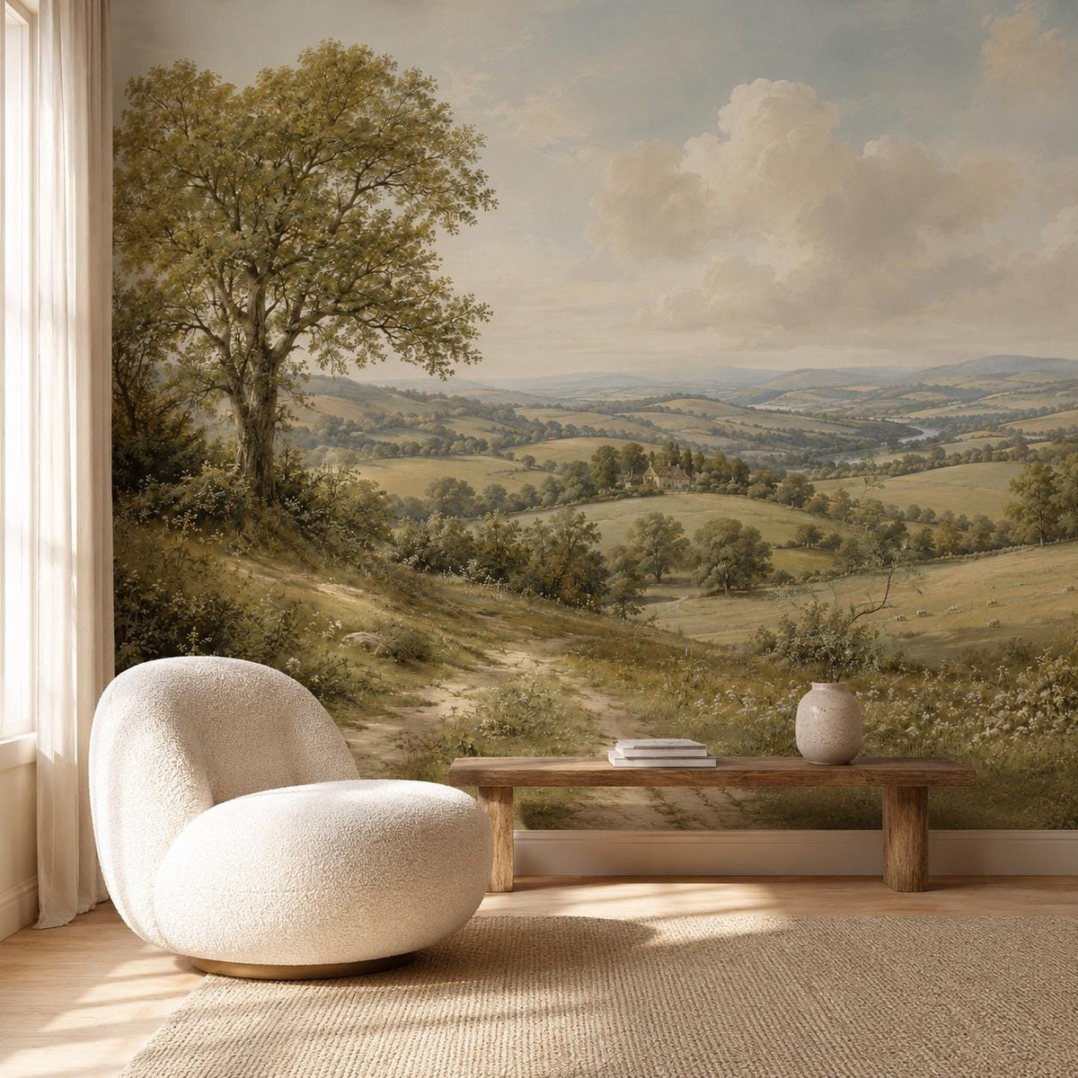 English countryside wallpaper mural featuring a lush pastoral landscape with rolling green meadows and soft vintage tones