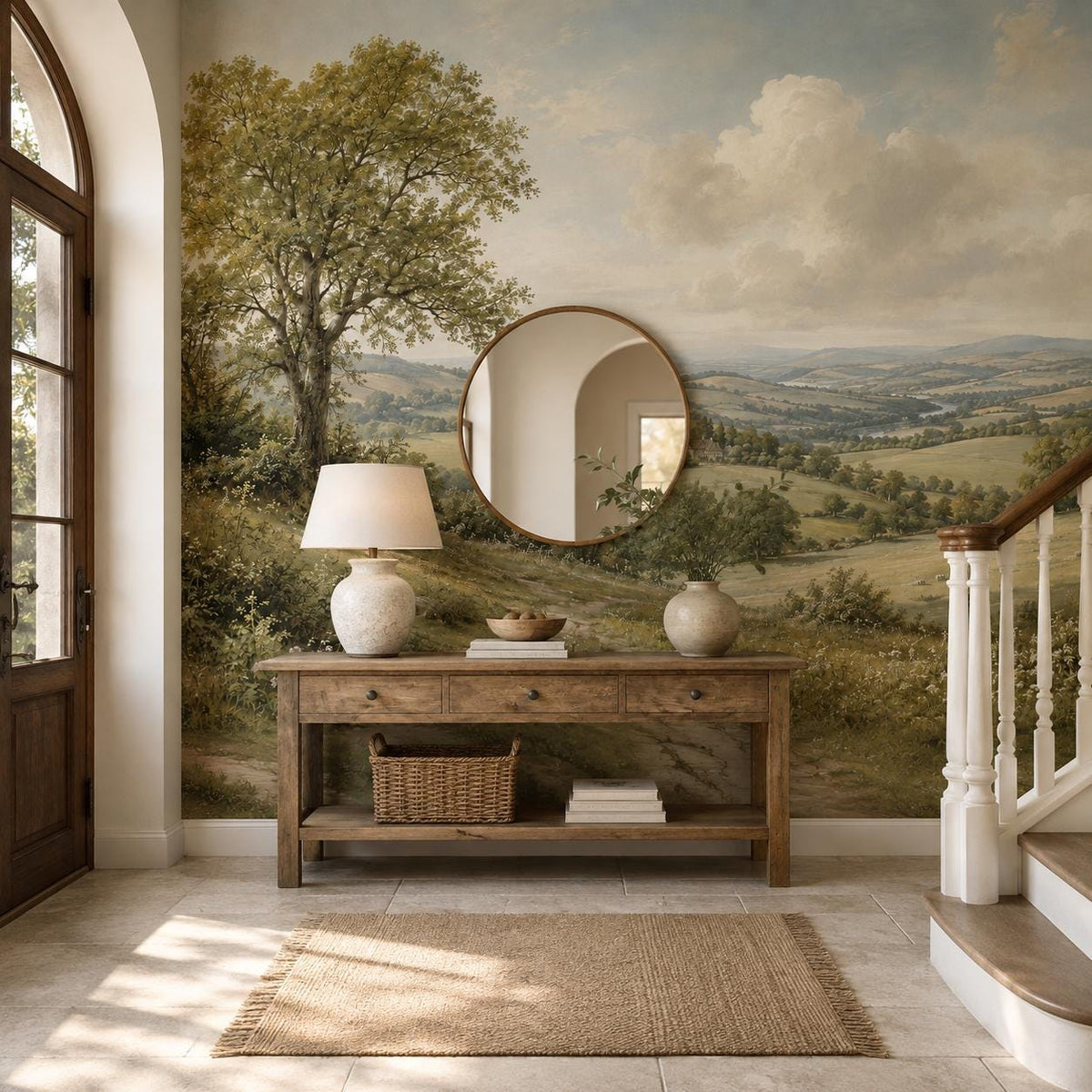 Country wallpaper mural installed in a cozy living room bringing a pastoral landscape and cottage nature decor to life
