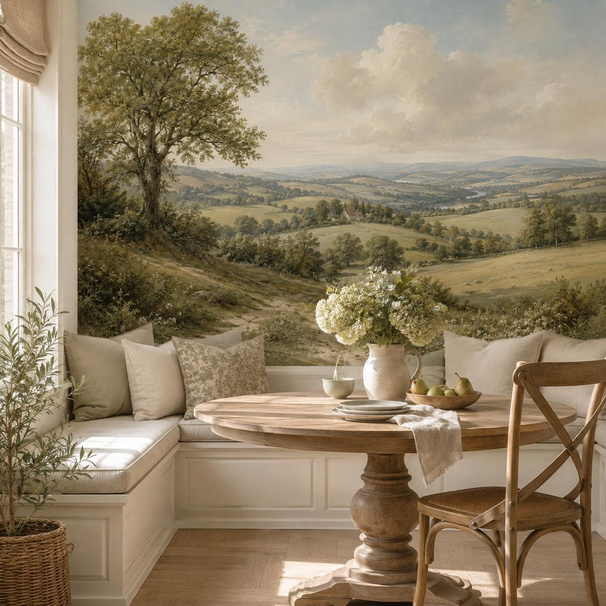 English countryside mural in a bedroom setting with warm natural light highlighting the scenic pastoral landscape design