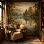Misty forest mural installed in a cozy bedroom creating an immersive nature wall mural atmosphere at dawn