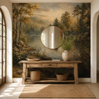 Peel and stick forest wallpaper detail showing rich earthy greens and golden amber tones in the tree canopy