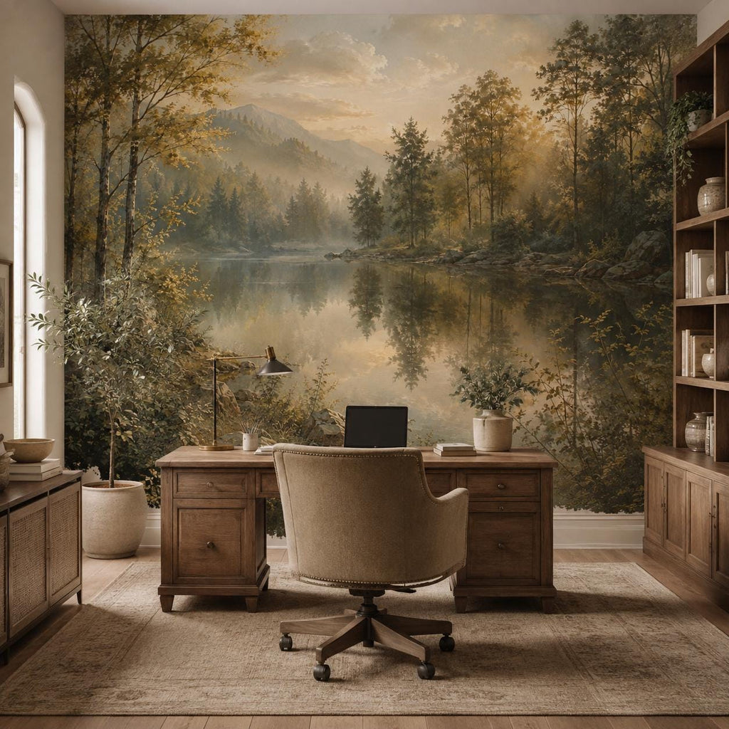 Panoramic woodland mural across a living room accent wall featuring a tranquil lake and soft foggy forest scenery