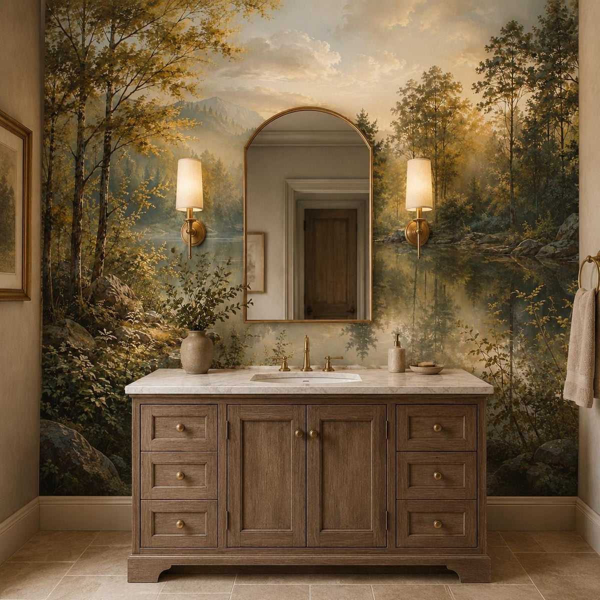 Golden hour landscape wallpaper in a modern bedroom with neutral furniture complementing the scenic woodland mural