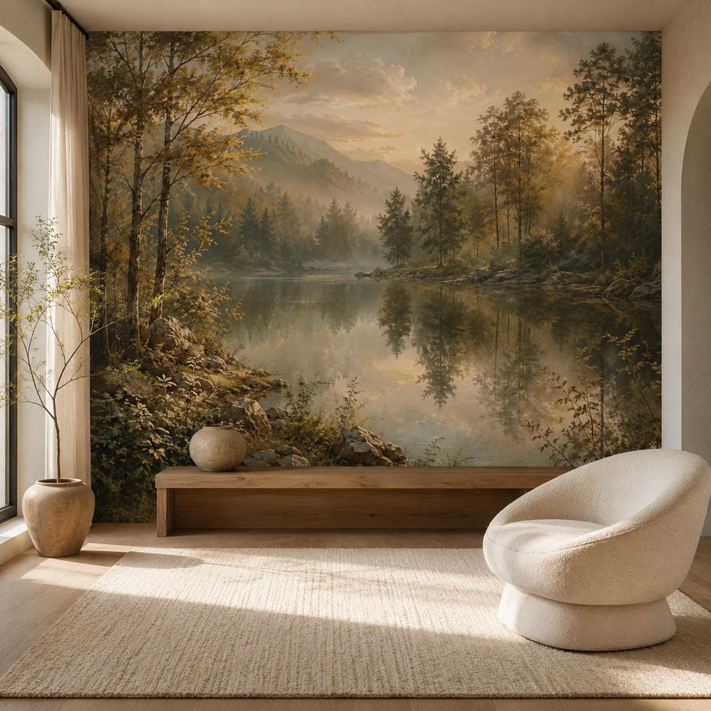 Golden hour forest lake wall mural with misty woodland reflections and warm sunset tones peel and stick wallpaper