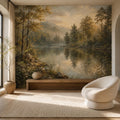Golden hour forest lake wall mural with misty woodland reflections and warm sunset tones peel and stick wallpaper