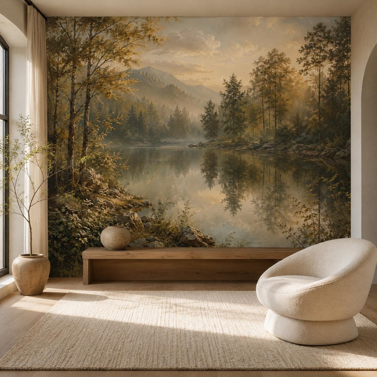 Golden hour forest lake wall mural with misty woodland reflections and warm sunset tones peel and stick wallpaper