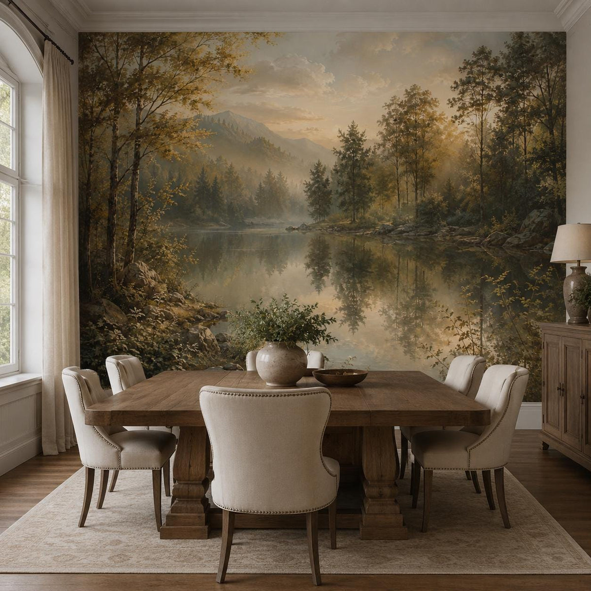 Close-up texture of the lake wallpaper surface showing print quality depth and subtle mist detail in the woodland