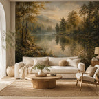 Misty forest mural panel close-up displaying color gradients from deep green shadows to warm golden sunrise tones