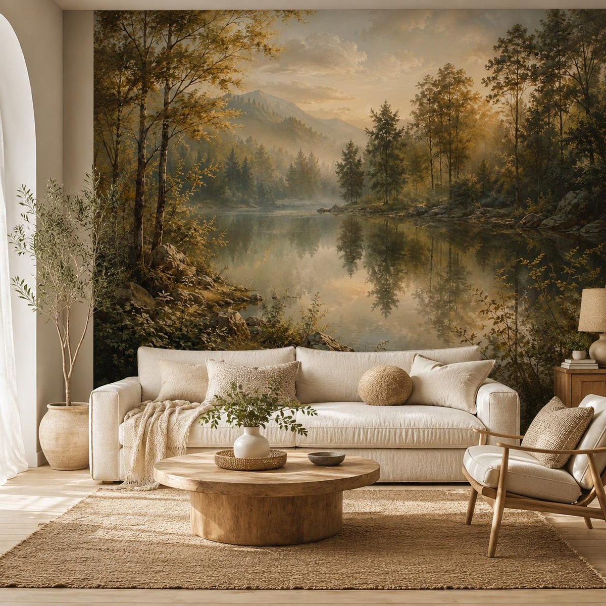 Misty forest mural panel close-up displaying color gradients from deep green shadows to warm golden sunrise tones