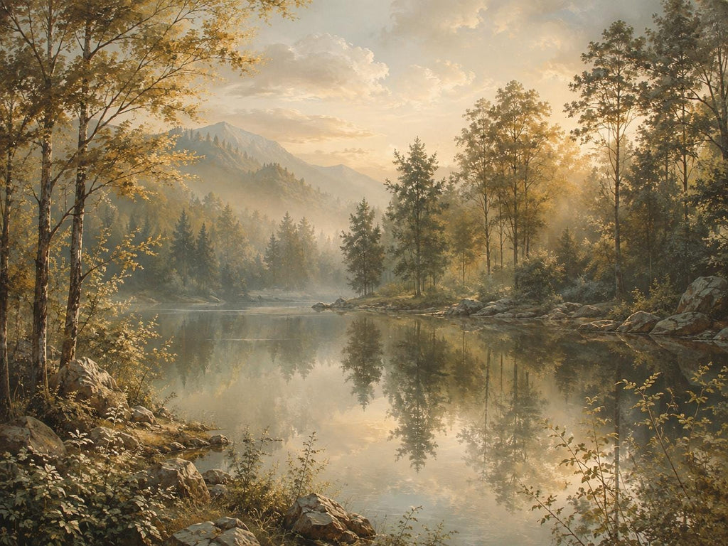 Scenic landscape wallpaper close-up showing glowing golden light filtering through tall trees above a calm lake