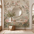 Romantic floral wallpaper accent wall in living room showcasing chinoiserie mural with pink peonies