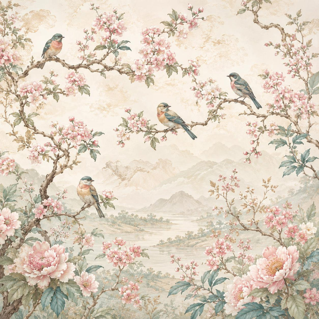 Grandmillennial botanical mural with vintage chinoiserie birds and romantic blush pink floral motifs