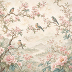 Grandmillennial botanical mural with vintage chinoiserie birds and romantic blush pink floral motifs