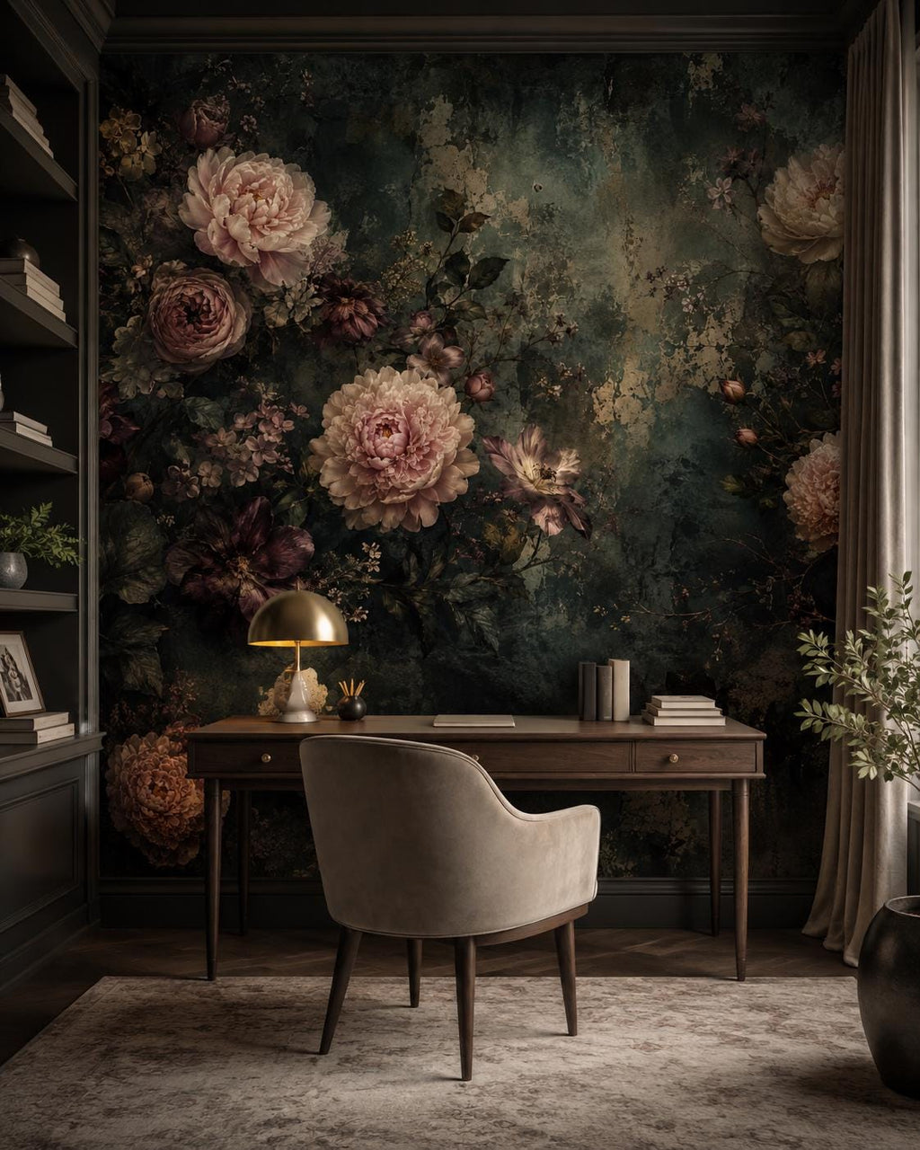 Dark green mural panel with romantic wallpaper design displayed against a white studio background