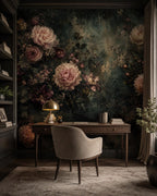 Dark green mural panel with romantic wallpaper design displayed against a white studio background