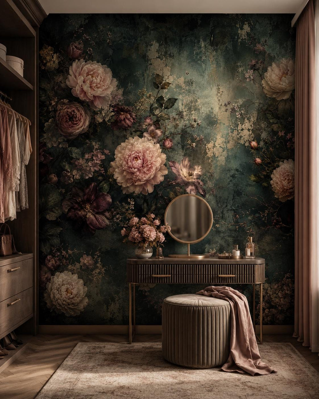 Peel and stick dark floral wall mural installed in a cozy dark academia styled bedroom interior