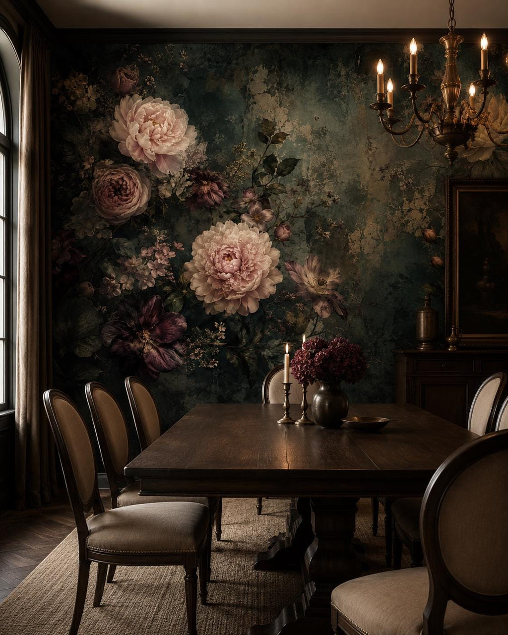 Burgundy floral and dark green mural in a styled dining room with antique furniture and warm lighting