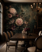 Burgundy floral and dark green mural in a styled dining room with antique furniture and warm lighting