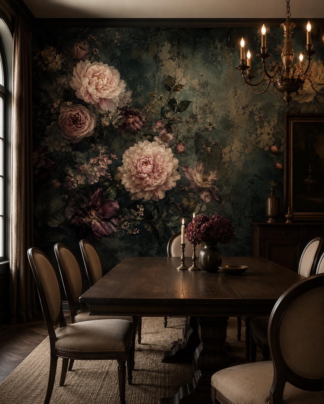 Burgundy floral and dark green mural in a styled dining room with antique furniture and warm lighting