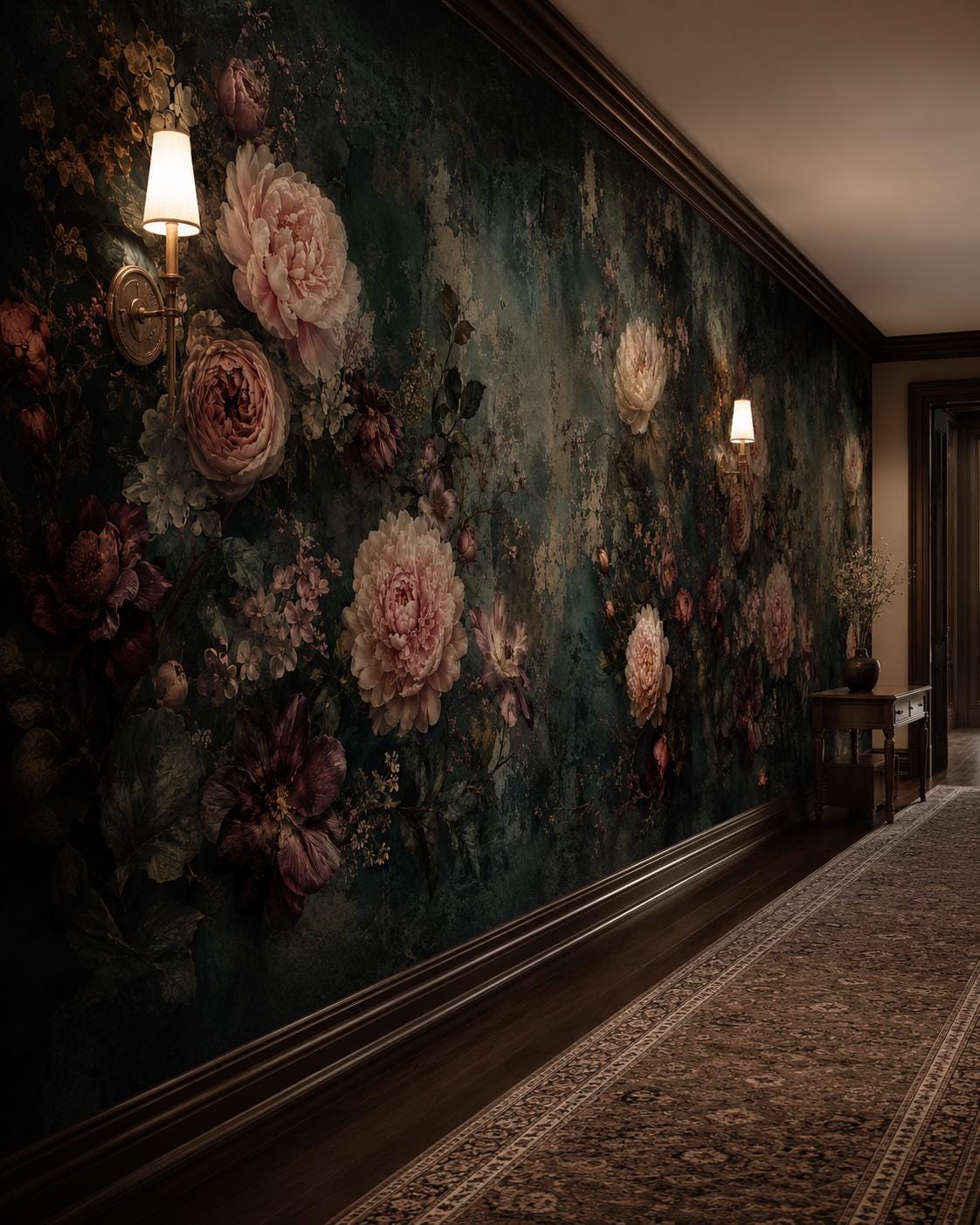 Dark floral wallpaper featuring moody peony blooms and aged green botanical motifs for maximalist decor