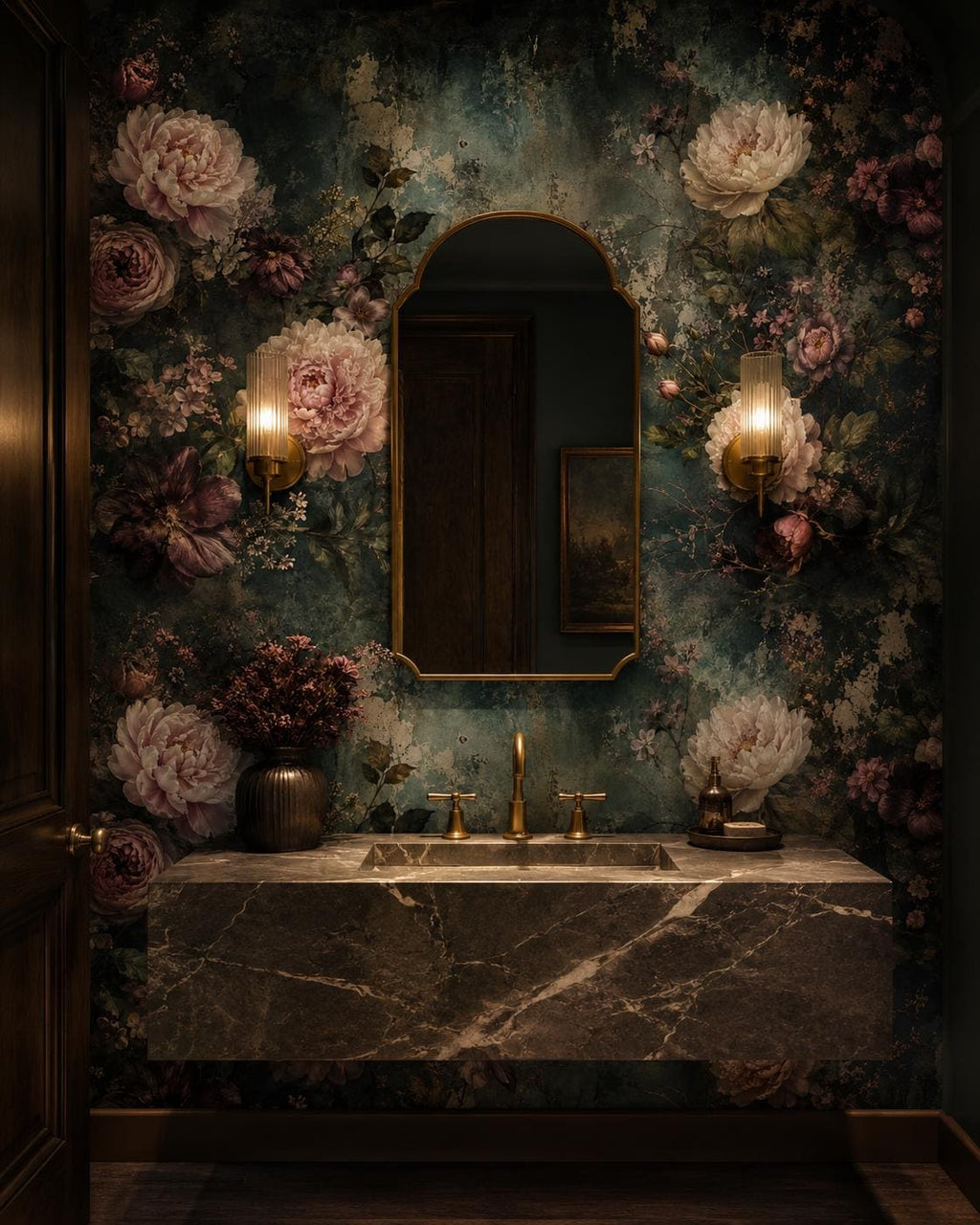 Dark floral wall mural panel laid flat showing full repeat pattern with moody peony and foliage design