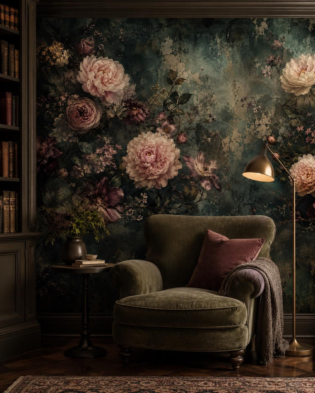 Peony wallpaper close-up revealing rich ink tones and aged green botanical print texture