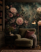 Peony wallpaper close-up revealing rich ink tones and aged green botanical print texture