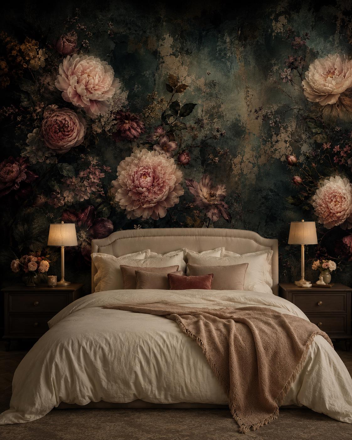 Size and scale chart for dark botanical wall mural showing panel dimensions and repeat measurements