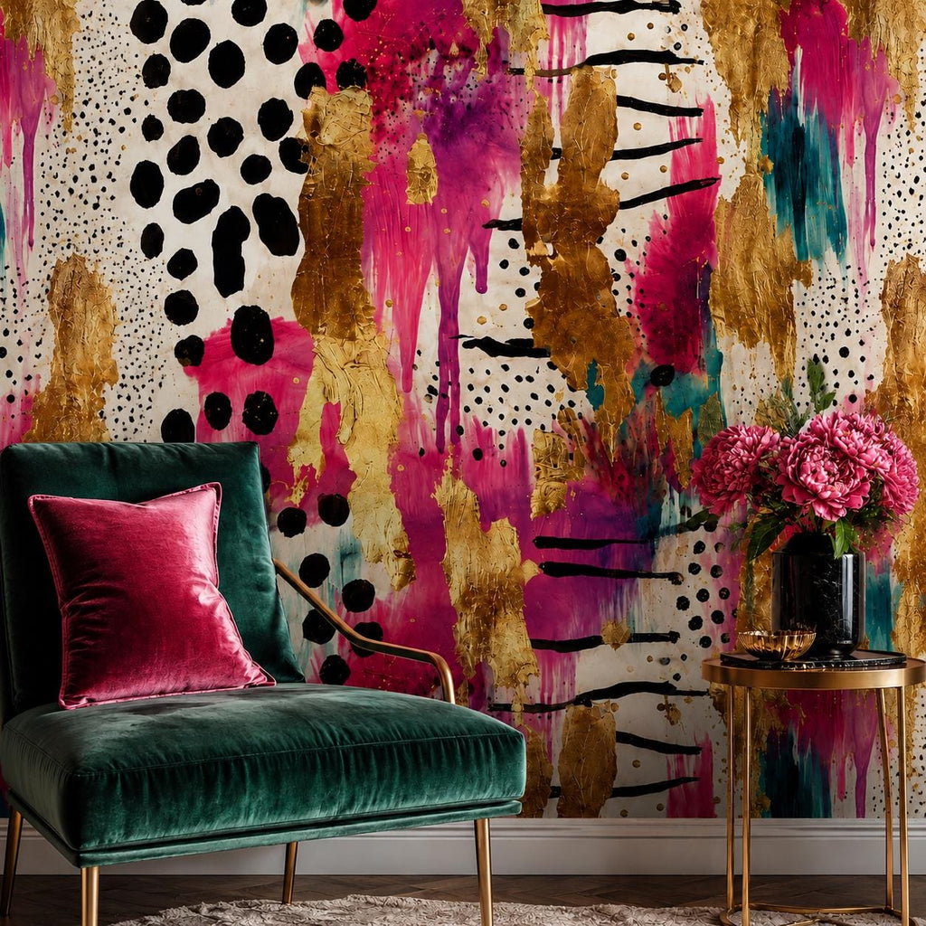 Peel and stick abstract wall mural featuring sweeping pink and gold brushstrokes on a modern accent wall