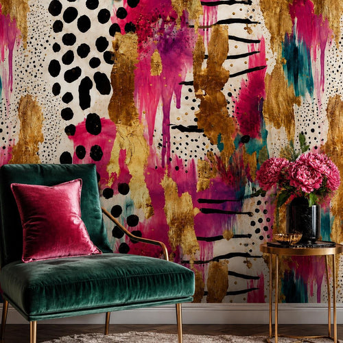 Peel and stick abstract wall mural featuring sweeping pink and gold brushstrokes on a modern accent wall