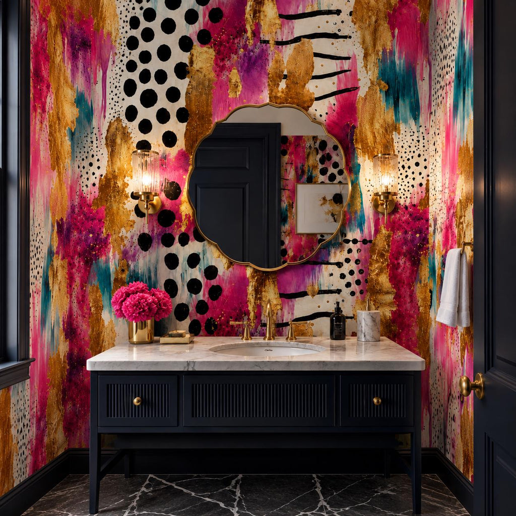 Abstract maximalist wall mural in pink and teal applied to a half wall behind a minimalist sofa