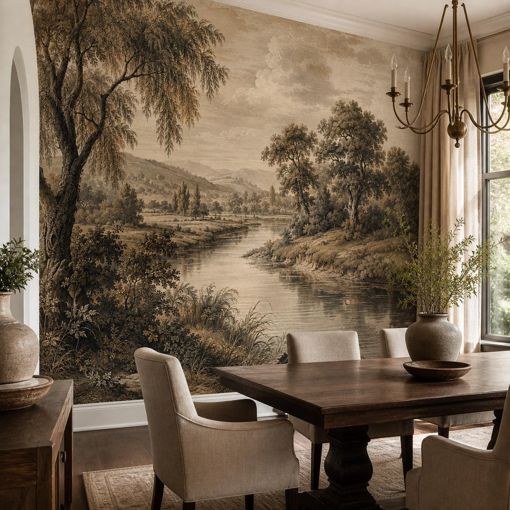 Close view of sepia scenic wallpaper showing detailed pastoral mural with river and rolling english countryside