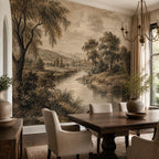Close view of sepia scenic wallpaper showing detailed pastoral mural with river and rolling english countryside