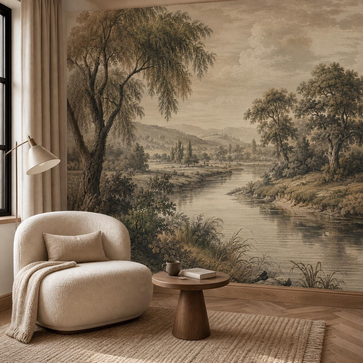 Bedroom accent wall featuring peel and stick vintage landscape wallpaper in neutral sepia country wall decor