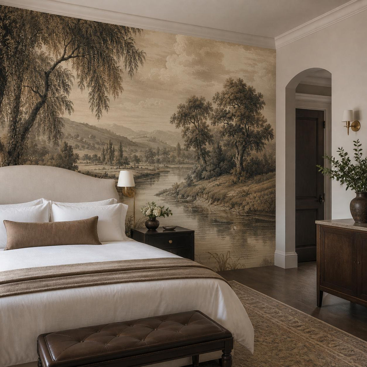 Dining room styled with english country scenic wallpaper mural creating a pastoral antique atmosphere